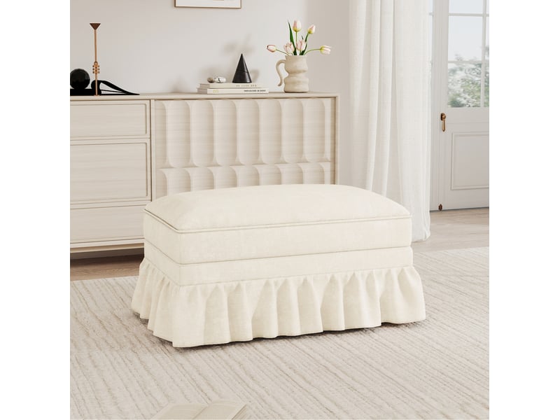  Pouf en chenille blanc 90x56,5x49 cm avec jupe à volants amovible  - Conforama B