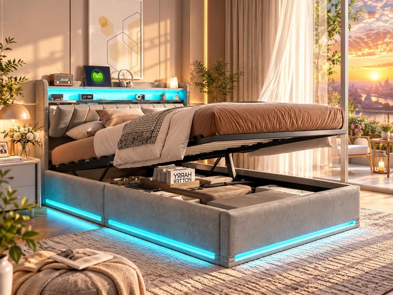 Lit coffre 90x200 cm - tiroirs de rangement - led rgb intégrée - usb type-c - tête de lit avec rangement - velours  - Conforama B