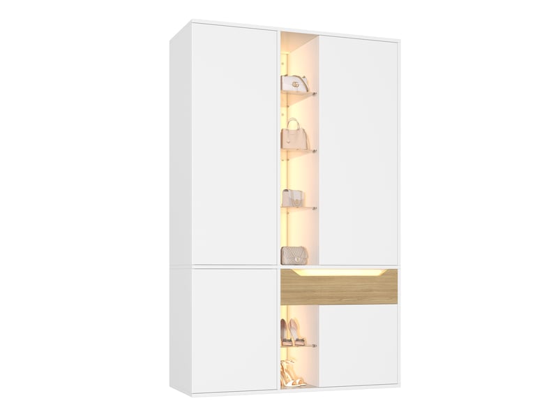  Armoire de chambre avec éclairage led et vitrine en verre, 122x50x200 cm, mdf blanc  - Conforama E