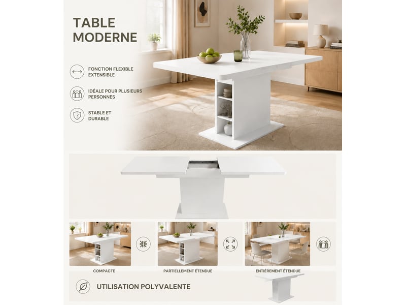  Table à manger extensible 110130 x 70 x 75 cm avec rangement ouvert, rectangulaire pour 4 à 6 personnes, blanc  - Conforama E