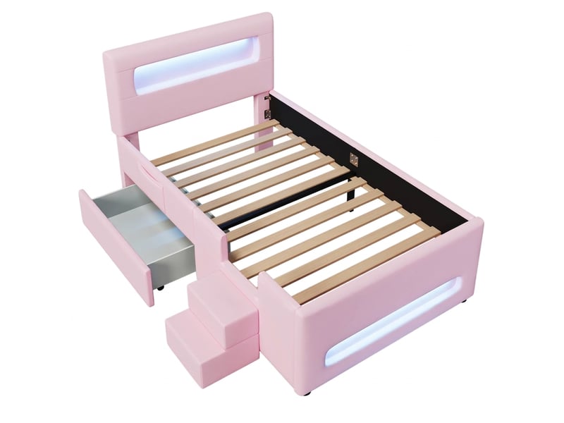  Lit 90x200 avec tiroir de rangement, lit enfant avec éclairage led et port usb, rose  - Conforama A