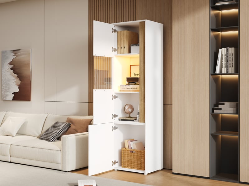  Vitrine de rangement, avec 2 portes, avec éclairage led, coloris blanc et naturel, pour salon, solution de rangement fonctionnelle  - Conforama R