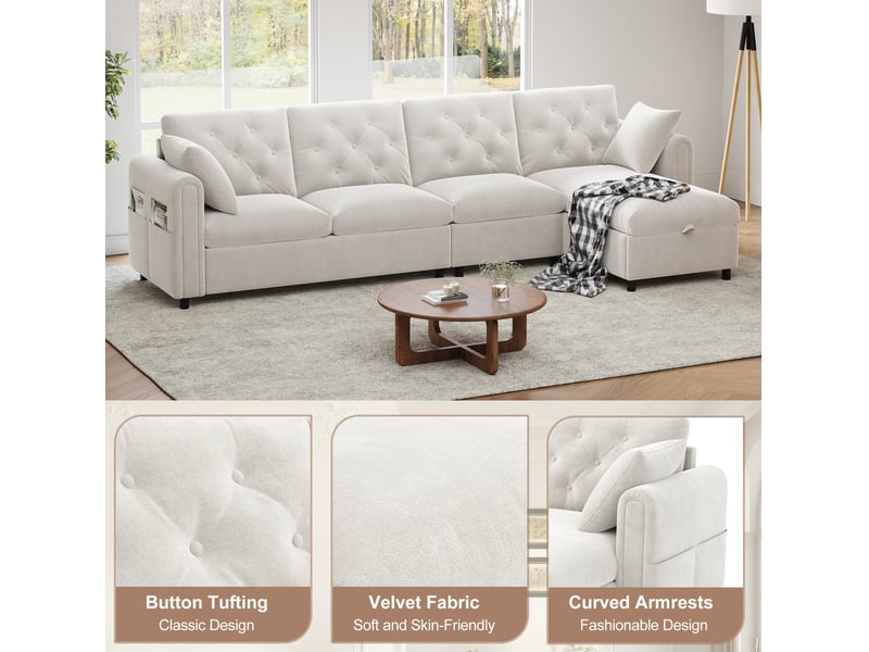  Canapé d’angle convertible réversible 4 places 281x132x86 cm, rangement latéral, polyester et tissu flanelle, beige  - Conforama E