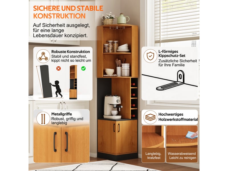  Meuble d'angle pour vin - 40 x 40 x 182 cm - bois et noir - colonne de rangement d'angle avec porte-verres et compartiments à bouteilles  - Conforama B