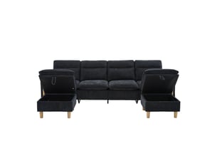 Grand canapé en u avec 2 poufs à rangement, modulable 4 places, pieds en bois, chenille noir