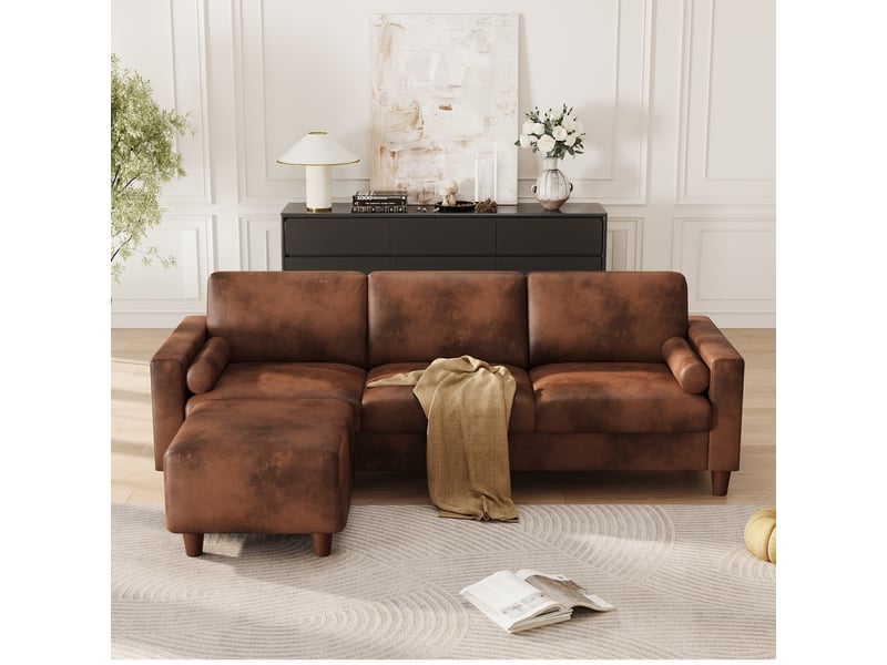 Canapé 3 places en cuir pu, 234 cm avec repose-pieds et 2 coussins, capacité 365kg, pieds bois massif 234x87x88 - Conforama B