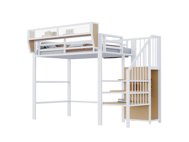  Lit mezzanine 90x200 cm 255x95x191 cm blanc, métal et mdf, étagère modulable, échelle sécurisée  - Conforama A