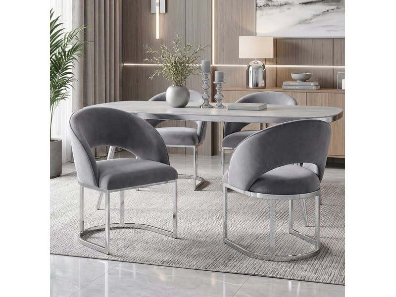  Chaise de salle à manger lot de 6 avec dossier incurvé et pieds métalliques en velours gris et argenté  - Conforama E