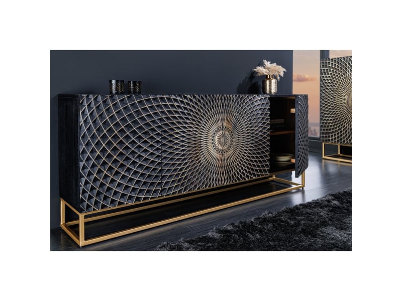 Buffet kosmos 180 cm – bois massif noir sculpté 3d – pieds métal doré - Conforama E