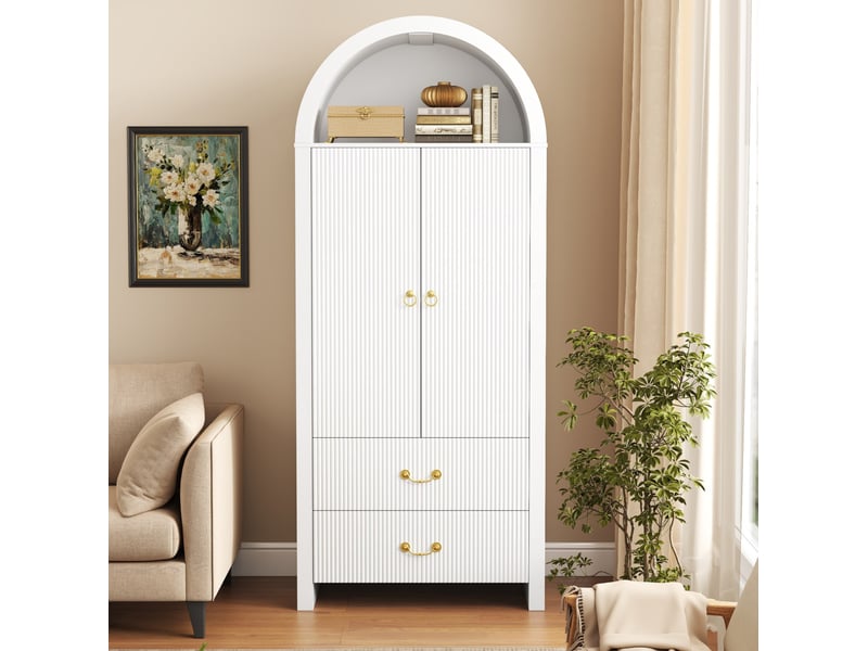 Buffet haut 76x38x180 cm avec niche ouverte et éclairage led, panneau de particules et mdf, couleur blanc - Conforama B