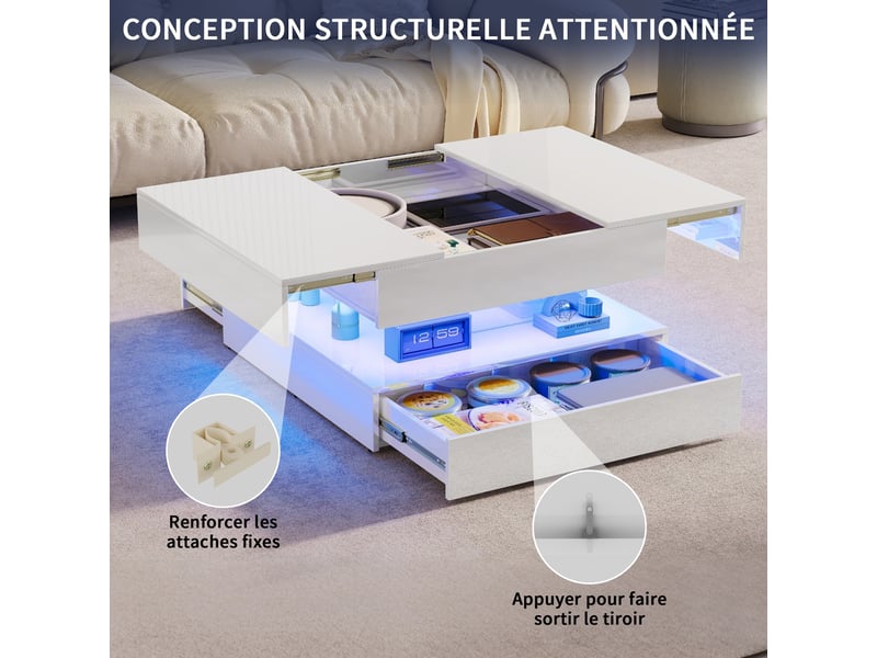  Table basse carrée 78x78x43 cm – éclairage led rgb intelligent  -grand espace de rangement innovant – blanc  - Conforama E