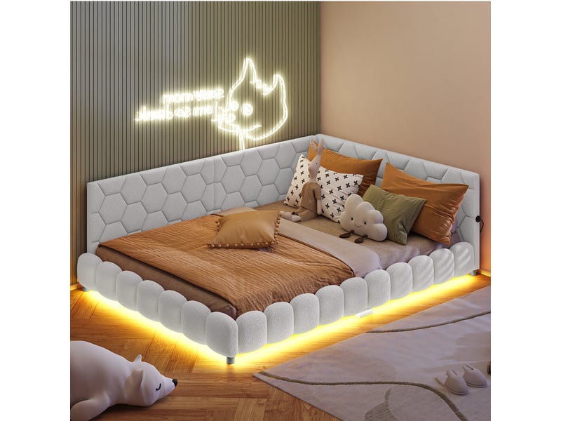 Lit d'angle 140x200 cm avec led et usb,canapé-lit rembourré,lit 2 places,sommier à lattes,lit double,laine d'agneau,blanc - Conforama W