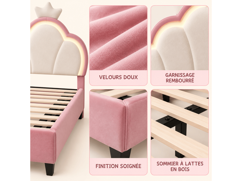  Lit double 140 x 200 cm avec led, lit princesse capitonné avec tête de lit  en forme de couronne réglable, lit rembourré avec sommier à lattes, sans matelas, velours, rose  - Conforama R