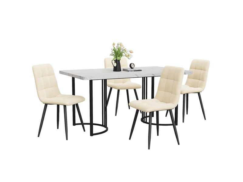  Ensemble table et 4 chaises 140x80x75 cm effet marbre blanc et beige  - Conforama A