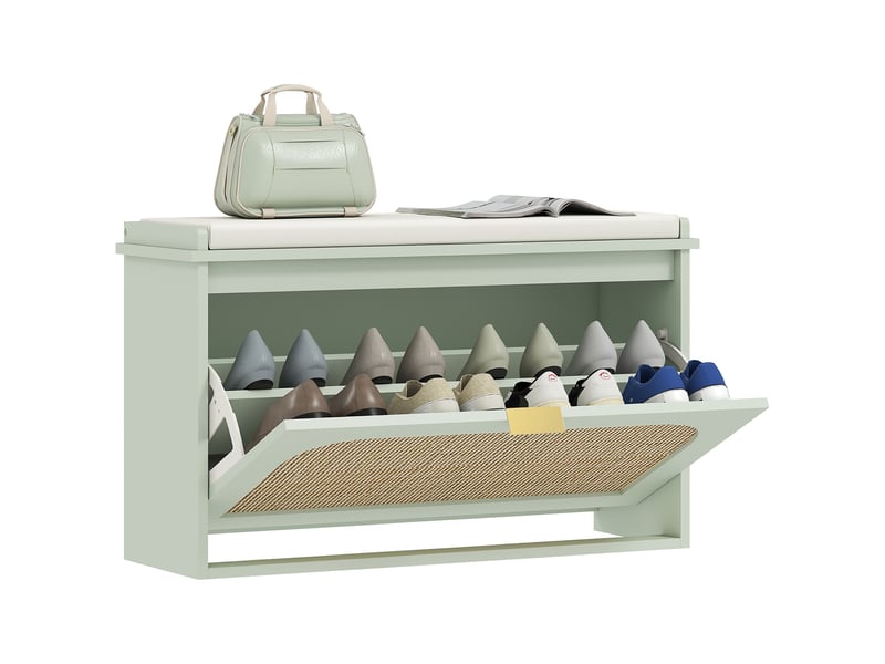  Banc à chaussures, banc de rangement, assise rembourrée, tiroir rabattable, porte en rotin, 80 x 26 x 47,5 cm, vert  - Conforama A