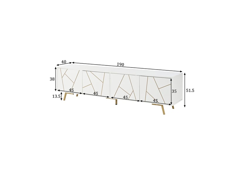  Meuble tv 190x40x51.5 cm, buffet de salon pour téléviseur jusqu'à 85 pouces, meuble bas de rangement à 4 portes et 5 pieds, blanc et doré  - Conforama E