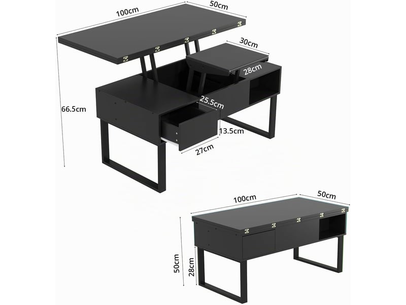  Table basse réglable en hauteur, table de salon multifonctionnelle 3 en 1 avec 2 tiroirs et rangement dissimulé (noir)  - Conforama C