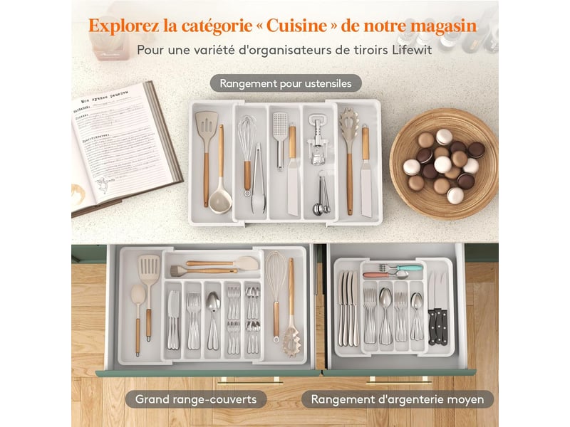  1 tiroir à couverts extensible blanc de 33,5 x 37,5 cm, boîte de rangement pour couverts (convient aux cuillères, fourchettes, couteaux)  - Conforama C