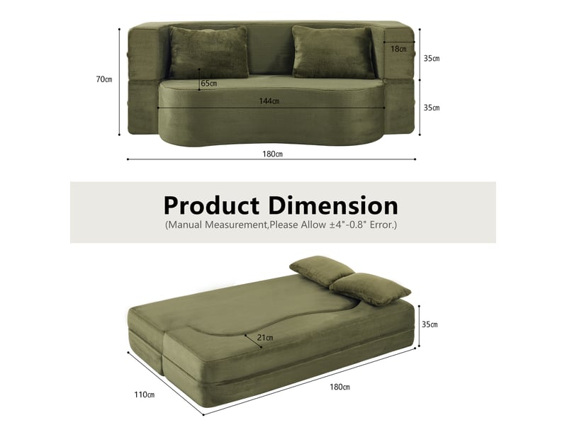  Canapé droit convertible 2 places vert olive en tissu, pliable avec 2 coussins, idéal pour salon ou chambre d'amis  - Conforama C
