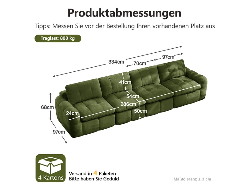  Canapé modulable 334x97x68 cm 4 places en chenille vert  - Conforama C