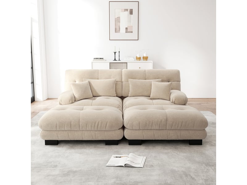  Canapé d'angle cloud en chenille beige clair, sofa salon avec 2 coussins lombaires, 2 coussins déco, 2 ottomans, larges accoudoirs  - Conforama D