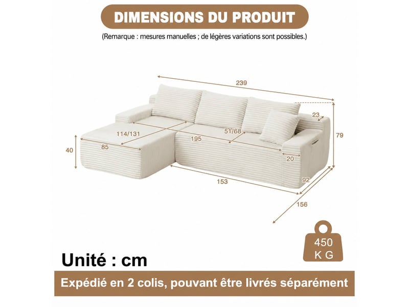  Canapé d’angle, modulaire en velours côtelé, bas luxueux, compact mousse, gauche, salonchambre, 79x239x156 cm, beige  - Conforama C