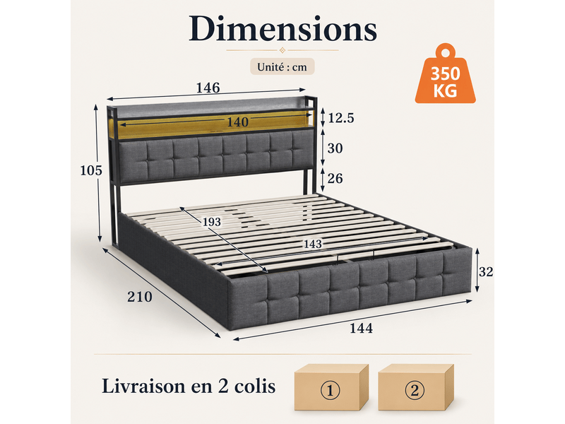  Lit coffre double 140x190cm avec  led et prise usb tpye c - rangement de chevet et tête de lit rembourré- hydraulique - lit adulte 2 personnes - tissu - gris - lit capitonné, lit 2 places, cadre de lit, lit ado, sommier à lattes…  - Conforama D