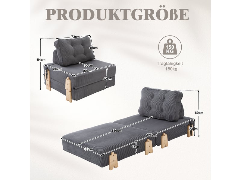  Fauteuil-lit tcqpz pliant 1 place 90 x 86 x 84 cm velours côtelé gris foncé  - Conforama C