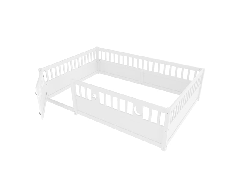 Lit enfant 140x190 avec barrière et porte, décoration étoile et lune, cadre en bois de pin massif, style minimaliste, blanc - Conforama W