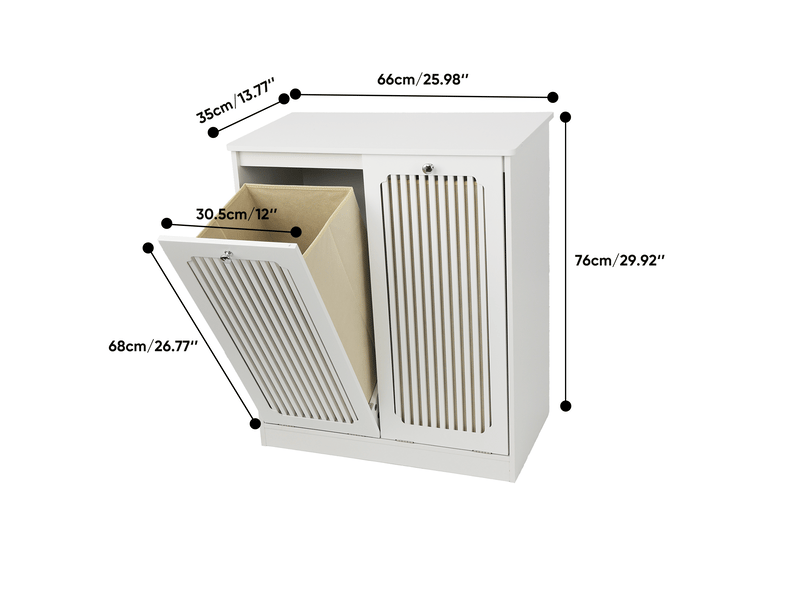 Meuble de salle de bain - 66x35x76cm - panier à linge double bacs tissu portes persiennes basculantes - blanc - Conforama E