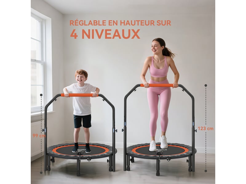  Trampoline de fitness gymnastique avec poignée réglable, pliable, 6 pieds, 28 ressorts ø 102 cm, noir rouge  - Conforama D