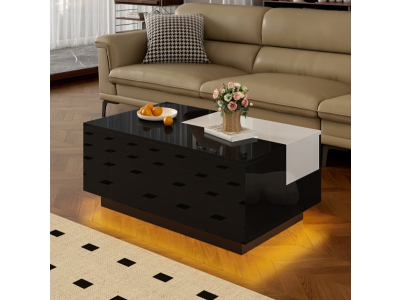 Table basse noire et blanche, table laquée brillante avec éclairage led et espace de rangement dissimulé  - Conforama C