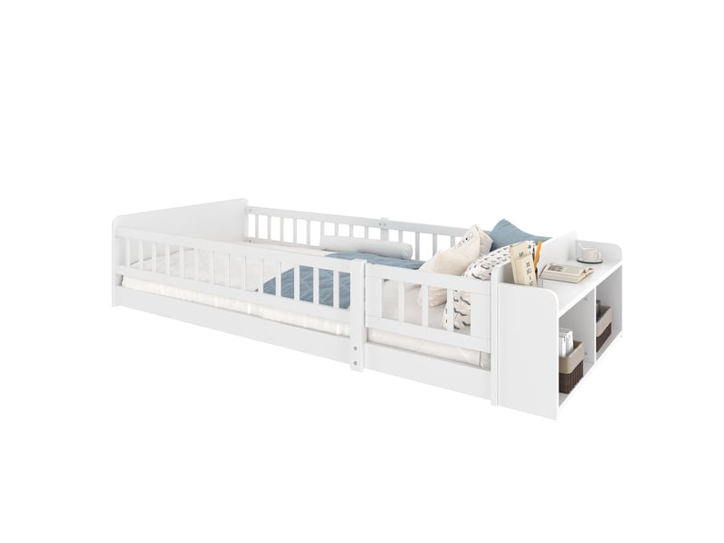  Lit enfant 90x200cm avec espace de rangement, garde-corps,étagère, sommier, pin blanc, sans matelas  - Conforama A