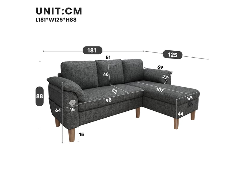  Canapé d’angle 3 places 181x125x88 cm avec méridienne gris foncé  - Conforama C