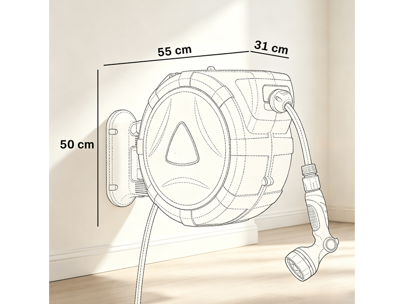  Dévidoir automatique mural 55 x 31 x 50 cm bleu en pvc, tuyau 23 m et pistolet d'arrosage 10 modes  - Conforama C