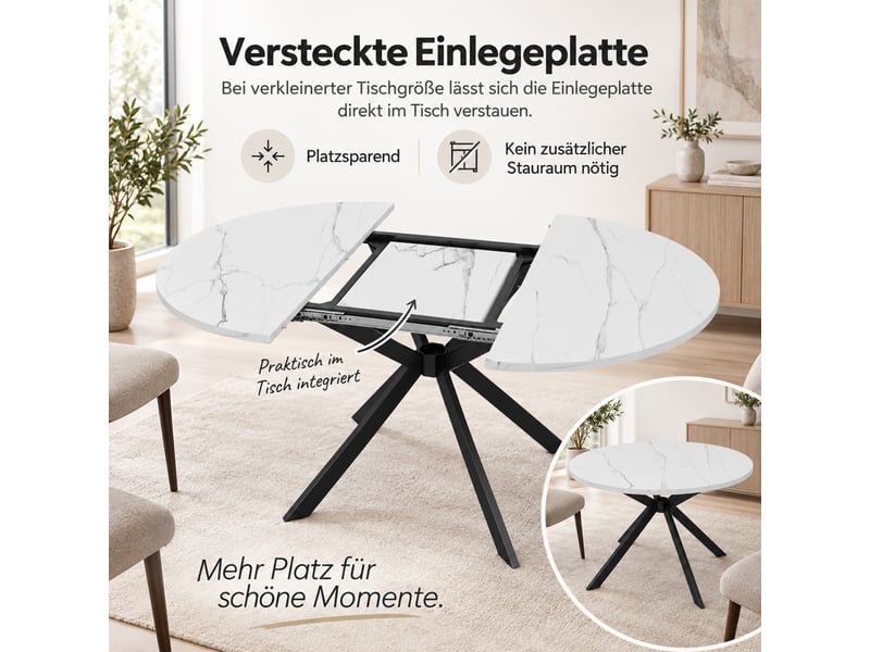 Table à manger extensible 100-140x100 cm pour 4 à 6 personnes, plateau rond à ovale avec rallonge intégrée, pieds en métal, mdf blanc - Conforama E