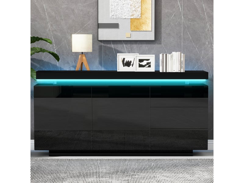 Buffet noir brillant avec led meuble de rangement 140 cm 2 portes 3 tiroirs design moderne sans poignée pour salon - Conforama W