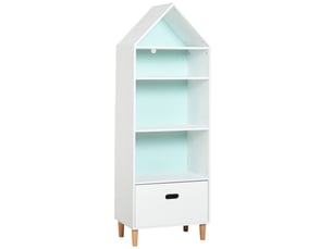 Étagère bibliothèque rangement jouets, 1 tiroir et 4 étagères, chambre enfantadolescent, blanc et bleu, 50 x 30 x 142 cm.