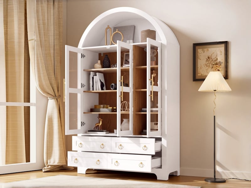 Vitrine style vintage à arche, 110 x 40 x 185 cm, avec 3 portes, 4 tiroirs et une niche ouverte en forme d'arche, coloris blanc  - Conforama B