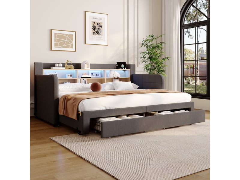  Canapé-lit 90 x 200 cm - avec lit gigogne - avec éclairage led - avec 2 tiroirs - tissu velours - gris (matelas non inclus)  - Conforama R