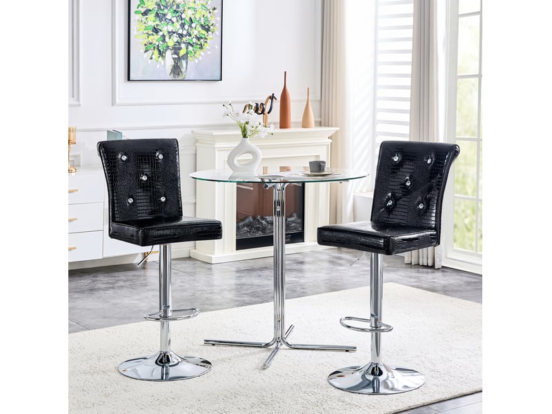  Tabouret de bar avec dossier capitonné et détails cristal, assise rembourrée en pvc imperméable noir  - Conforama B
