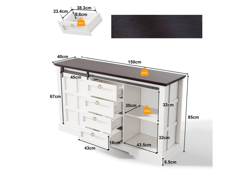  Buffet 150 x 40 x 85 cm, avec espace de rangement, portes coulissantes et quatre tiroirs, blanc  - Conforama C