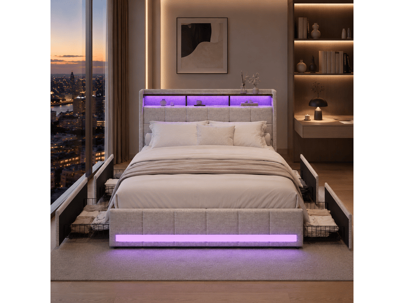 Lit 2 personnes 140x190 avec led, lit double rembourré avec 4 tiroirs de rangement cadre de lit capitonné avec usb et tête de lit pour adultes et adolescents lin beige, sans matelas - Conforama B