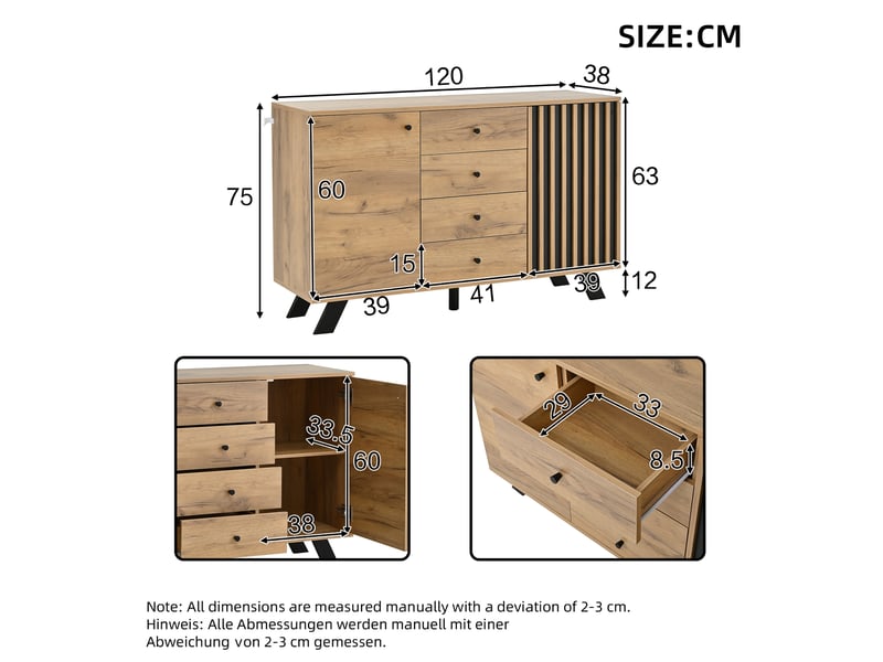  Ensemble de salon en bois massif noir (buffet de 120 cm + meuble tv de 150 cm), meuble tv, 5 niveaux de rangement  - Conforama D