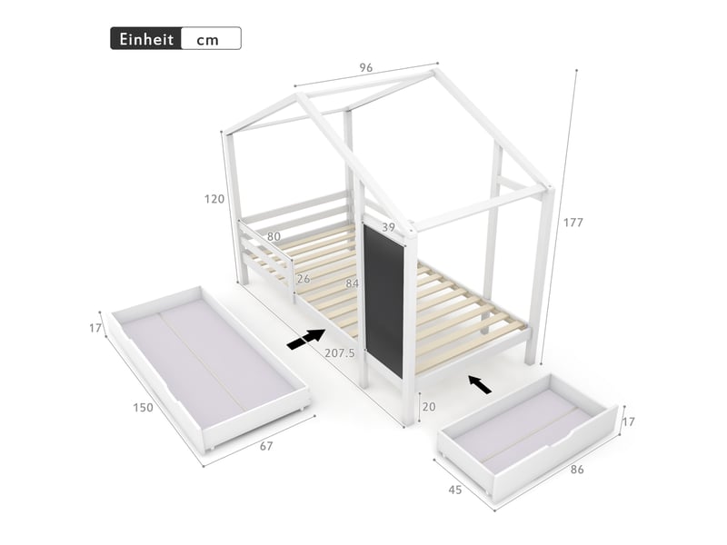  Lit cabane enfant 90 x 200 cm avec tableau, 2 tiroirs et sommier à lattes blanc  - Conforama C