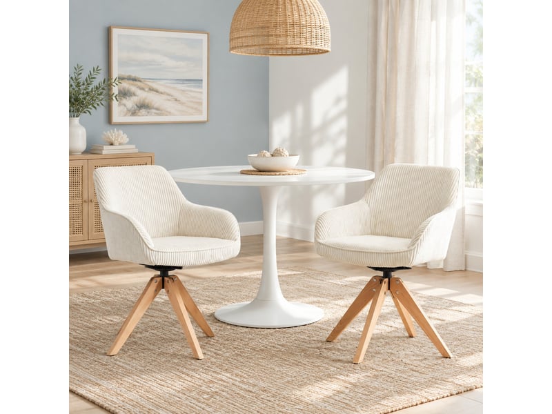  Lot de 2 chaises pivotantes à 360° en velours blanc cassé et bois  - Conforama B