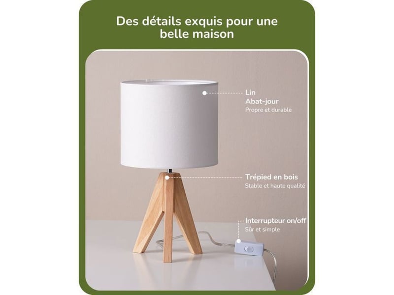  Lampe de table 2 pieces avec abat-jour en lin blanc et tr pied bois naturel e27 ampoules led blanc chaud 2700k 370618_AAAYP05862_6_DROPFR - Conforama E