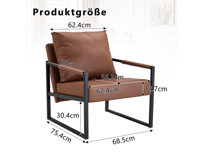  Fauteuil de lecture moderne 68.5x75.4x78cm - avec piétement en métal noir  – canapé individuel pour salon, chambre et bureau – cuir - marron  - Conforama C