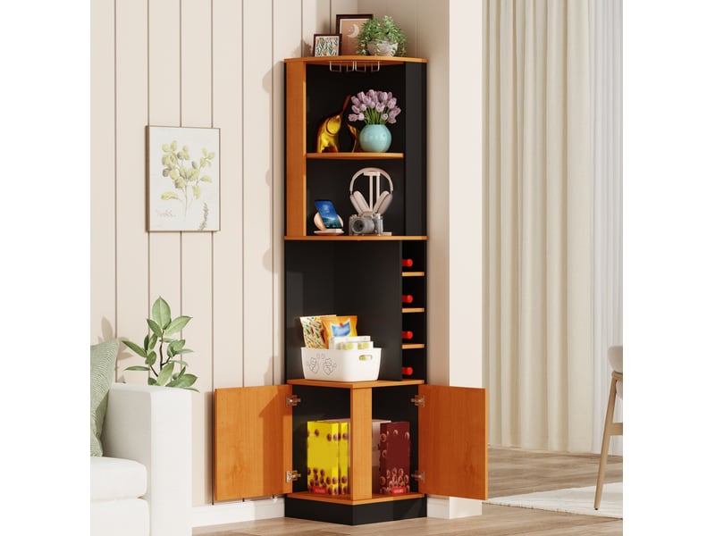  Meuble d’angle pour vins 40x40x182 cm avec porte-verres et rangements bicolore  - Conforama D