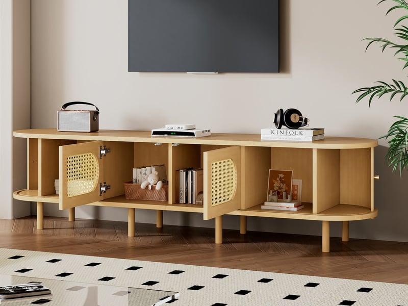  Meuble tv bas 180 cm, finition bois naturel, avec éclairage led  - Conforama B
